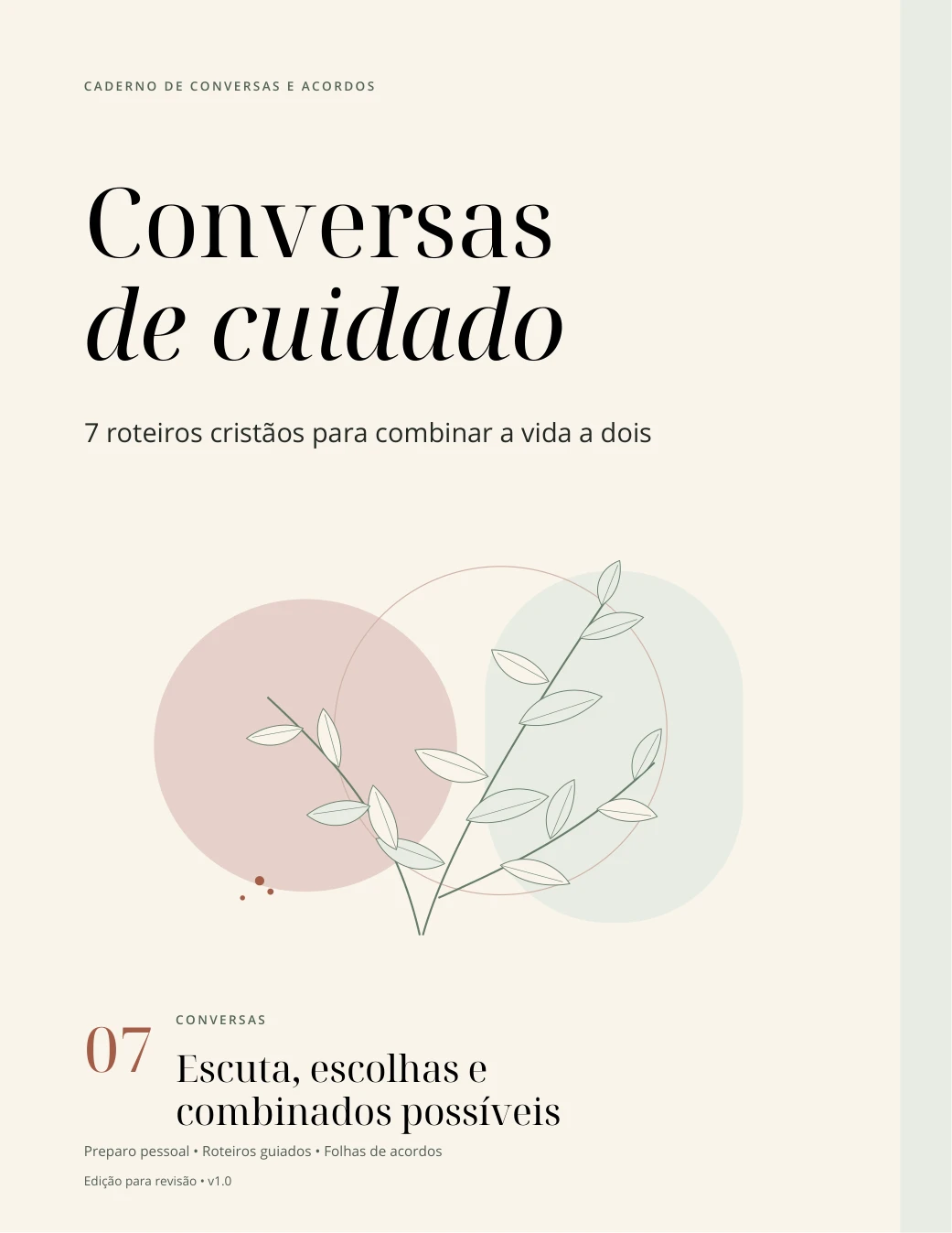 Capa real do caderno Conversas de cuidado, com ilustração botânica em verde-sálvia e rosa suave