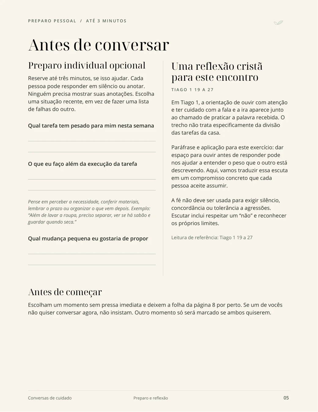 Página real com perguntas para o preparo pessoal