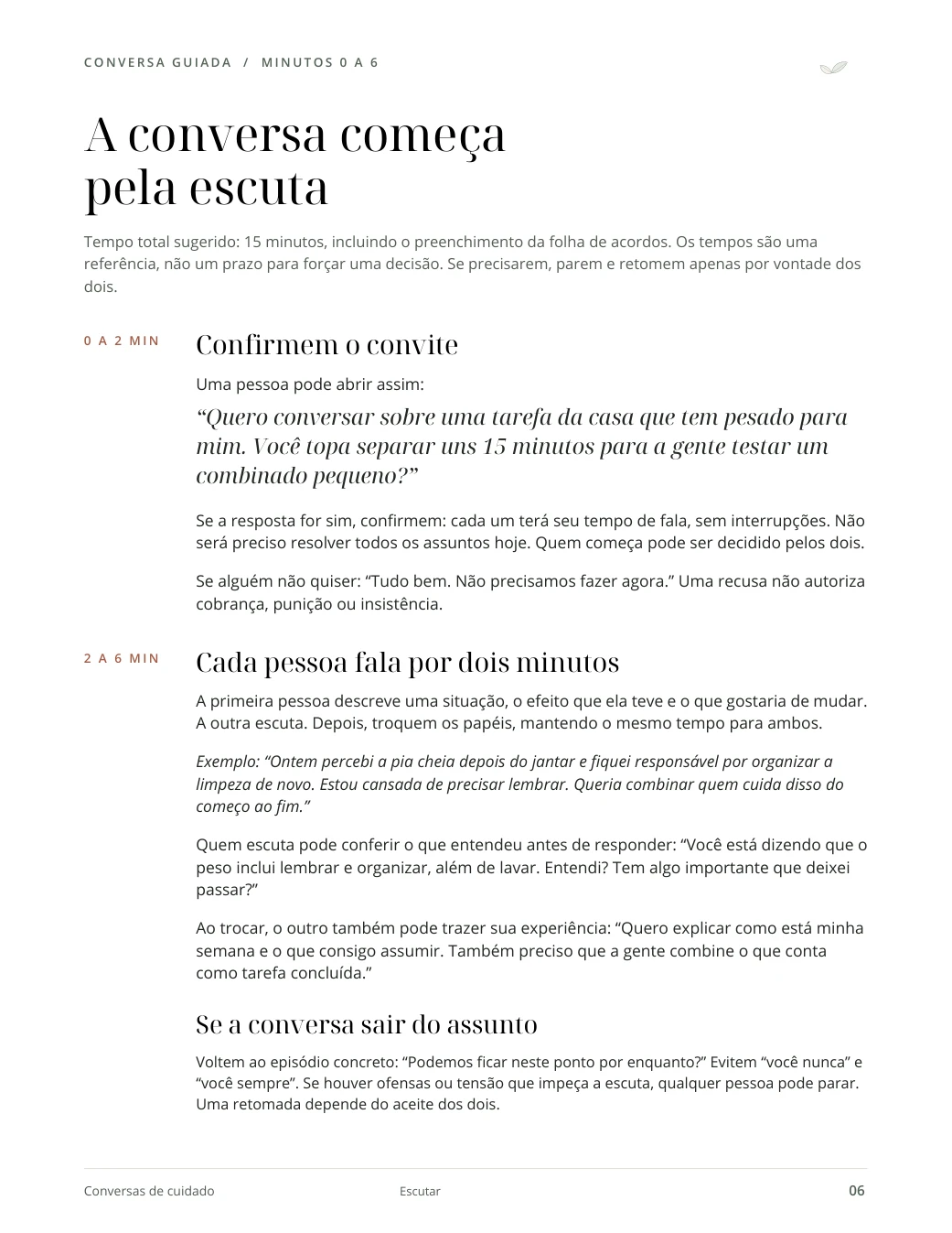 Página real com etapas e perguntas da conversa guiada