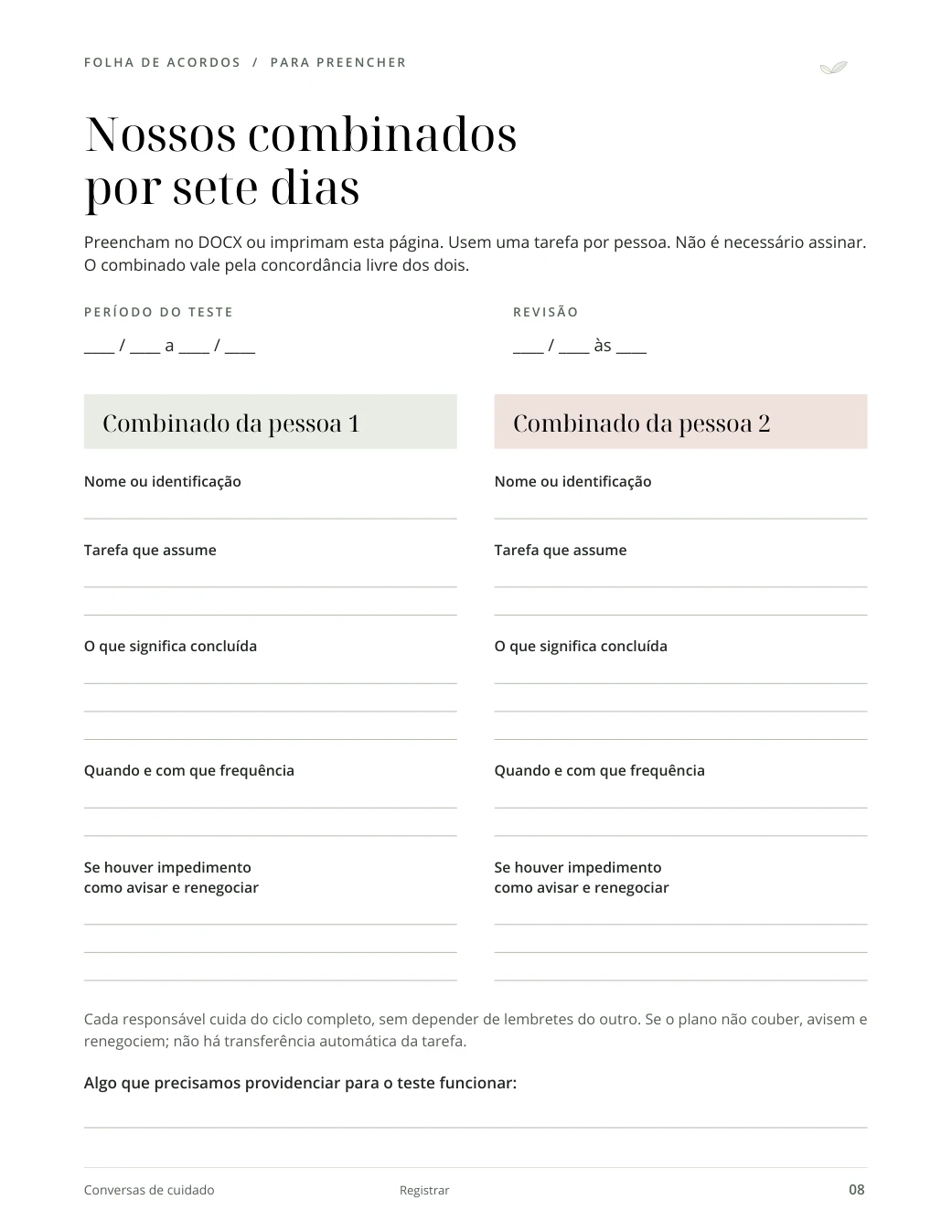 Página real com campos para os combinados de cada pessoa
